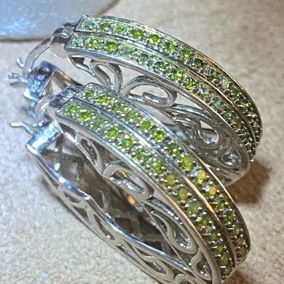 QVC Elegant Sterling Silver Earrings with Vibrant Green Diamonds. - Picture 1 of 7